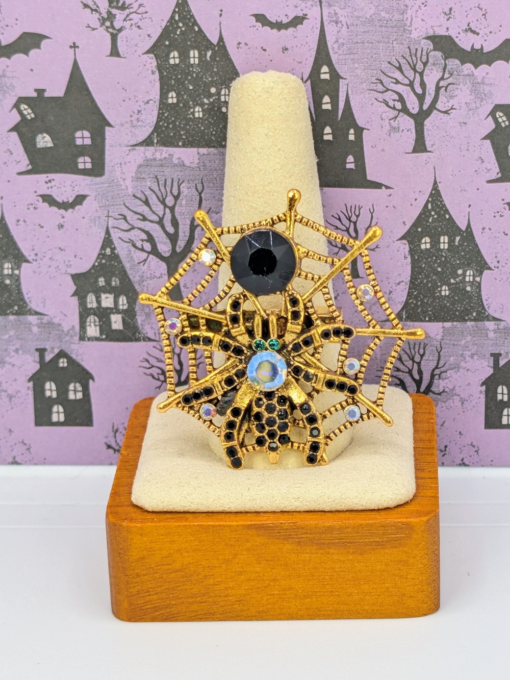 Spider On Her Web Brooch In Black Oynx With Rhinestone Accents